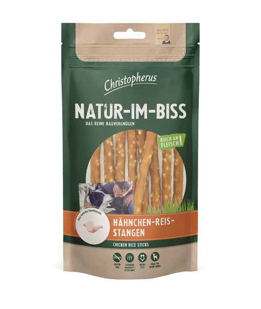 Christopherus Natur-Im-Biss Hähnchen-Reis-Stangen dog treats package.