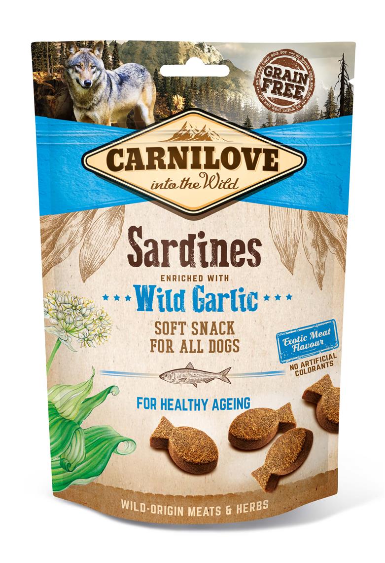 Carnilove Dog Soft Snack Sardines with Wild Garlic package featuring exotic meat flavor suitable for all dogs.