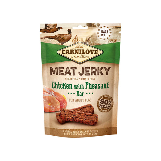 Carnilove Dog Meat Jerky with Chicken and Pheasant Bar in packaging, grain and potato-free.