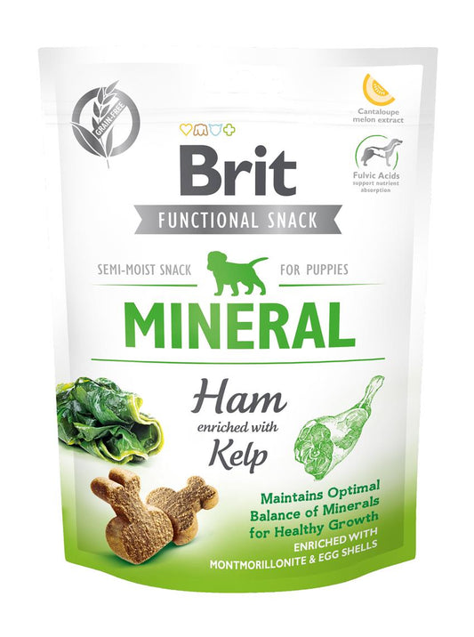 Brit Functional Snack Mineral Ham for Puppies, semi-moist snack with kelp, enriched for healthy growth, grain-free.
