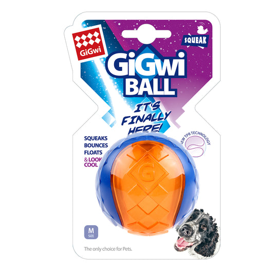 Gigwi Hundespielzeug Ball mit Quietschelement, Medium, blau / orange - Sam & Emma